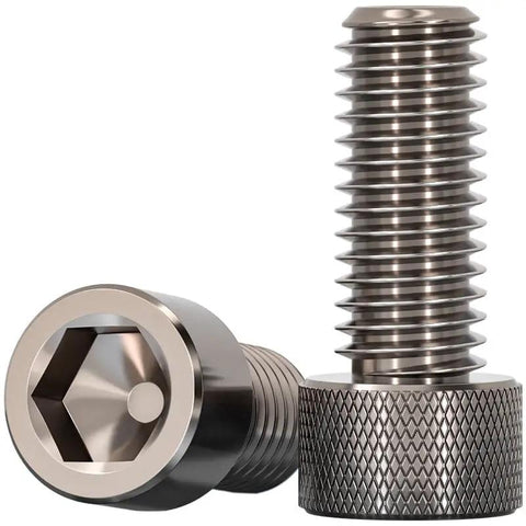 Rock Solid TA1 Titanium Hex Socket Cap Screws, M8 Metric Thread With Knurled Grip Head, Heavy Duty Fasteners Built Tough For Truck Restoration And Precision Engineering Projects Pack Of Five with knurled head visible.