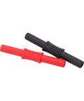 Pair of 4mm insulated banana couplers, female-to-female, red and black with PVC sleeves.