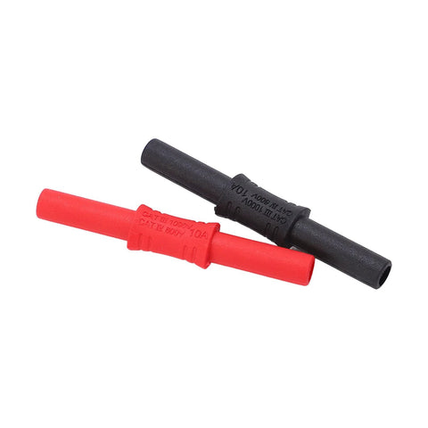 Pair of 4mm insulated banana couplers, female-to-female, red and black with PVC sleeves.