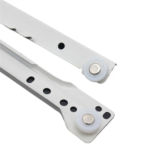 Side view of Whisper Quiet Drawer Slides 1 Pair, showing metal construction with smooth glide wheels for cabinets and trays.