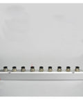 Nine Way Pneumatic Fitting Air Manifold Block Splitter, 30x30mm with multiple outlets, shown from side angle