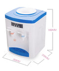 Compact Powerful 550W Desktop Water Cooler Dispenser with blue trim for hot, cold, and room temperature water.