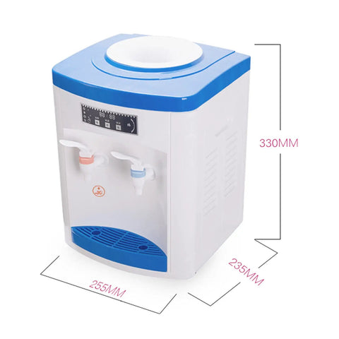 Compact Powerful 550W Desktop Water Cooler Dispenser with blue trim for hot, cold, and room temperature water.