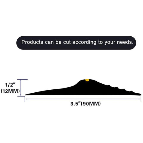 Cross-section of Universal Garage Threshold Seal Strip Kit, showing dimensions in inches and millimeters, black EPDM rubber.