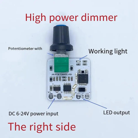 Top Notch LED Constant Voltage Dimmer Board For Desk Lamps With 0 To 100 Percent Stepless Smooth Fade Control And No Flicker For Live Streaming Gear Or Any DC 3.7V To 24V Setup Powering Lithium Batteries Easily With Blue Light Indicator, showing top view with components and settings.