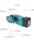 Rechargeable Electric Strapping Machine Portable Packing Sealer For PP PET Bands side view showing buttons and battery.