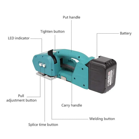 Rechargeable Electric Strapping Machine Portable Packing Sealer For PP PET Bands side view showing buttons and battery.