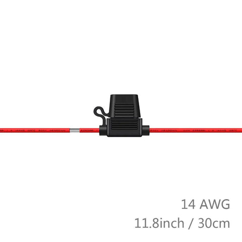 Heavy Duty 14 Gauge Fuse Holder In Line ATC ATO For Automotive Systems, tin plated copper wiring, 11.8 inch length, side view.