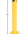 Real Deal Heavy Duty Steel Pipe Safety Bollard 36 Inches Tall Four Point Five Inch Wide with base and measurements.