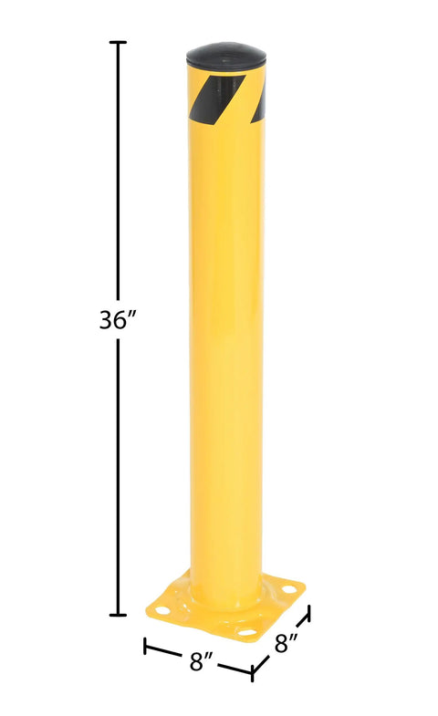 Real Deal Heavy Duty Steel Pipe Safety Bollard 36 Inches Tall Four Point Five Inch Wide with base and measurements.