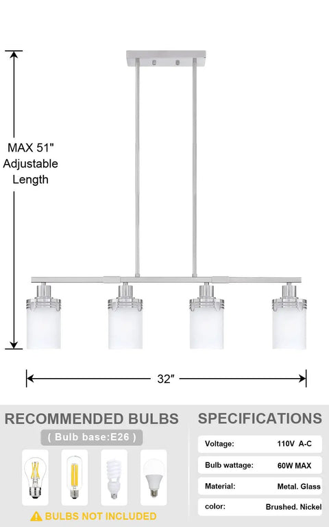 Diagram of 4 Light Kitchen Island Pendant Chandelier In Brushed Nickel Finish With Frosted Glass Cup Shades description, measurements, and specs.