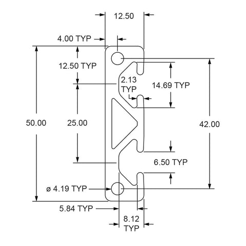 Two Channel T Slotted Aluminum Extrusion For DIY Builds 50mm By 12.5mm Profile Clear Anodized 915mm Long 25 Series Compatible With Linear Rails Track Saws And Custom Machines, dimensioned cross-section