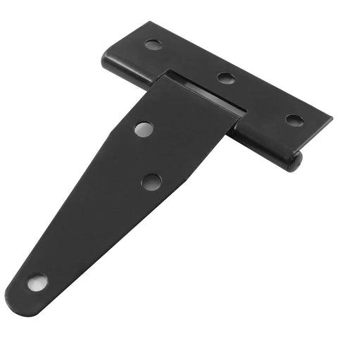 Single black T-strap hinge from Six Pack Of 3 Inch Black T Strap Shed Hinges Heavy Duty Gate Strap Hinges For Barn Doors Sheds Or Wooden Fences.