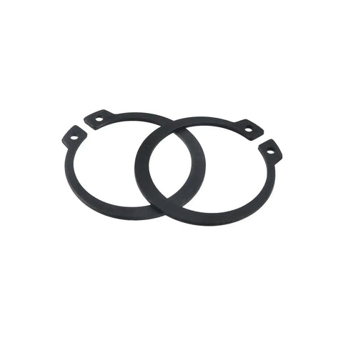 Two black metal External Retaining Rings from the 50 pcs set with outer diameter 1.71 in and inner diameter 1.44 in for automotive use.