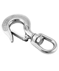 Heavy Duty 304 Stainless Steel Swivel Lifting Hook With Three Sixty Degree Spin Rust Proof Cargo Rigging Round Eye, close-up view.