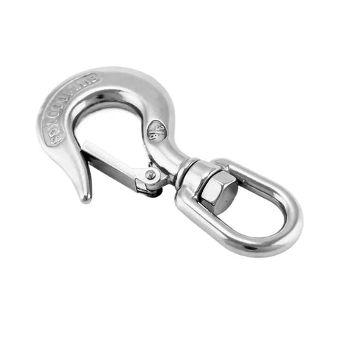 Heavy Duty 304 Stainless Steel Swivel Lifting Hook With Three Sixty Degree Spin Rust Proof Cargo Rigging Round Eye, close-up view.