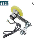 300mm Roller Wheel Encoder With 200PPR Push Pull Output, Steel Mount Bracket For Lift Rail, Length Metering Sensor, 5 To 26V Power, Proportional Pulse Output For Accurate Length Or Distance Measurement, yellow wheel and cable