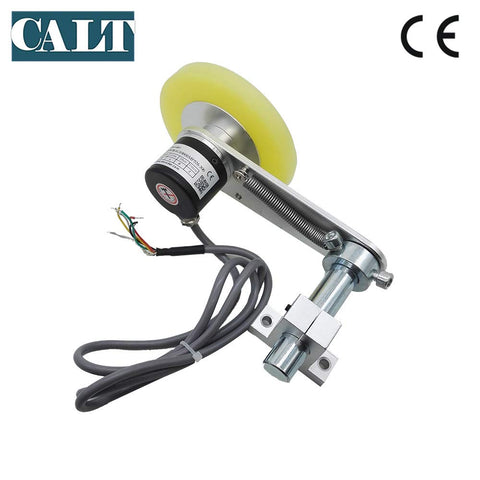 300mm Roller Wheel Encoder With 200PPR Push Pull Output, Steel Mount Bracket For Lift Rail, Length Metering Sensor, 5 To 26V Power, Proportional Pulse Output For Accurate Length Or Distance Measurement, yellow wheel and cable