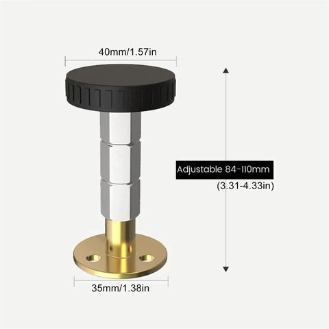 Adjustable Furniture Feet Set 12 Pack Self Adhesive Bed Frame Stabilizers, gold base and black top, 84-110mm height adjustment