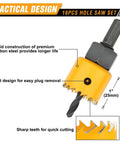 Ultimate Complete Hole Saw Kit with 1 inch saw showing slot design and sharp teeth for woodworking and metalworking.