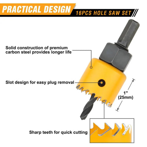 Ultimate Complete Hole Saw Kit with 1 inch saw showing slot design and sharp teeth for woodworking and metalworking.
