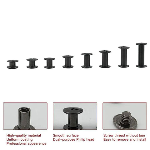 Badass Grip Chicago Screws And Round Flat Head Leather Rivets Assortment Pack showcasing eight sizes with smooth dark steel finish.