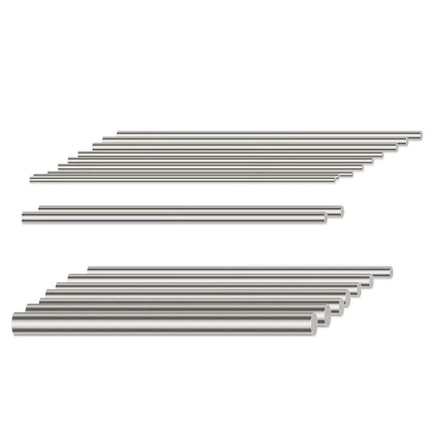 Front view of 18 stainless steel solid round lathe bars, assorted diameters 2.5–8 mm, 100 mm length
