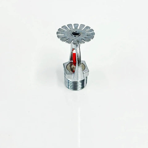 Top Notch Two Pack Fire Sprinkler Heads With Automatic One Fifty Five Degree Fahrenheit Activation For Serious Safety Needs Built Tough For Any Building In A Simple Pendant Down Spray Mount That Handles Extreme Heat Without Breaking A Sweat. Close-up of a brass stainless sprinkler head with a red sensor.