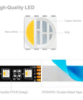RGBW LED Strip Lights 16.4ft 5m Dope RGB Color Mix With 2700K Warm White 60 LEDs Per Meter 12V DC 12mm Black PCB close-up