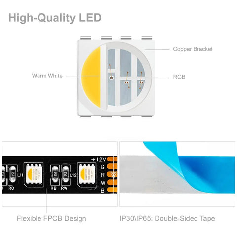 RGBW LED Strip Lights 16.4ft 5m Dope RGB Color Mix With 2700K Warm White 60 LEDs Per Meter 12V DC 12mm Black PCB close-up