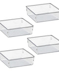 Clear Drawer Organizer Set, 4-piece box trays for office, home, makeup and kitchen, junk drawer storage, crystal clear plastic, sizes 6.25 x 6.25 x 2.13 inches each.