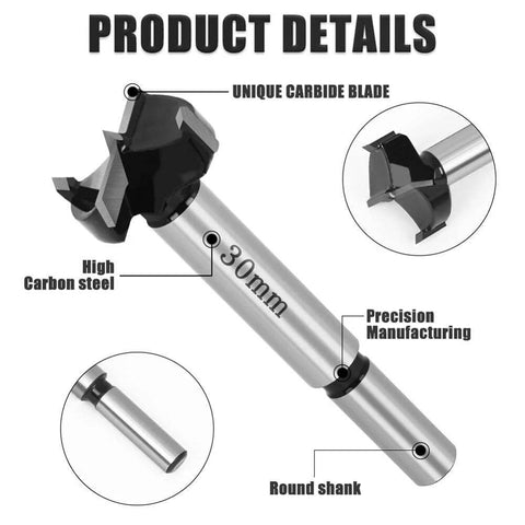Woodworking drill bit with carbide blade and round shank, 30mm size for hinge hole drilling