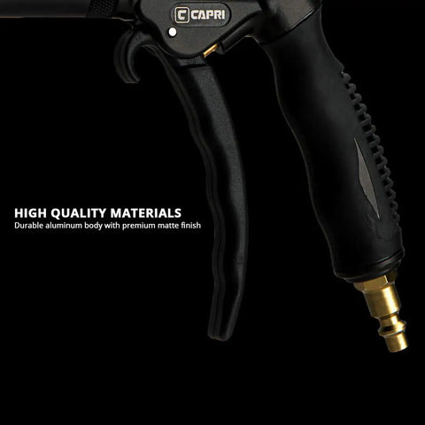 Close-up of handle showing the aluminum body of Windstorm EX High Performance Air Blow Gun With Adjustable Air Flow And Extended Nozzle.