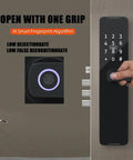 Heavy Duty Biometric Fingerprint Smart Lock For Main Door No Sweat Keyless Entry Electronic Digital Handle With Backlit Keypad Password And Smooth Operation showcasing fingerprint scanner and keypad in use.