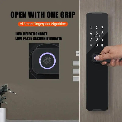 Heavy Duty Biometric Fingerprint Smart Lock For Main Door No Sweat Keyless Entry Electronic Digital Handle With Backlit Keypad Password And Smooth Operation showcasing fingerprint scanner and keypad in use.