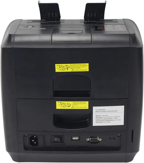 Heavy Duty Money Counter Machine With No Sweat Fake Bill Scanner And Dual Bin Sorter For Mixed Cash Bills and Multi Currency Support Black device back view showing ports and labels.