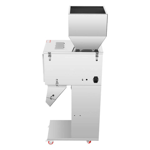 Side view of Heavy Duty Particle Filling Machine For Precision 10 To 999G Automatic Powder Filler with electric panel and wheels.