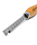 Premium M2 Steel Cryogenic Wood Lathe Turning Scraper With Dead Grip Ergonomic Handle showing etched size guides and tool edge.