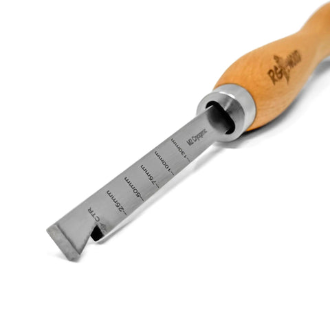 Premium M2 Steel Cryogenic Wood Lathe Turning Scraper With Dead Grip Ergonomic Handle showing etched size guides and tool edge.