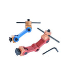 Universal Adjustable CNC Mill And Lathe Workpiece Stop Positioner Rock Solid Lock Down Multi Function Locator Tool M12 threaded base in red and blue.