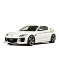 Front view of a white Mazda RX-8 suitable for Pure White Interior LED Kit For Mazda RX-8 2004-2014, 5-Piece Set With Map, Dome, Door, Trunk And License Lights, Includes Installation Tool, 6X Brighter Than Factory, 60% Less Power, Long-Lasting Performance, Easy DIY Upgrade