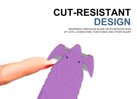 Safe Recessed Blade Box Cutter Knife 10 Pack Purple With Double Sided Blade For Easy Cuts And Reduced Risk Of Lacerations No Sweat For Opening Boxes Packages And Cartons, cut-resistant design close-up