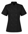 Womens Short Sleeve Double Breasted Black Chef Coat Featuring Ten Pearl Buttons And Tailored Kitchen Fit Snag This Embroidery Ready Cook Jacket.