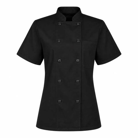 Womens Short Sleeve Double Breasted Black Chef Coat Featuring Ten Pearl Buttons And Tailored Kitchen Fit Snag This Embroidery Ready Cook Jacket.
