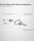 M3 Stainless Steel Eye Bolt Kit With Nut And Washers For DIY Hanging Projects, includes bolts, nuts, and washers, corrosion resistant.