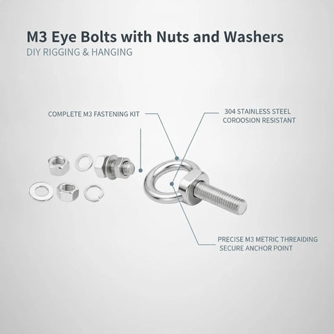 M3 Stainless Steel Eye Bolt Kit With Nut And Washers For DIY Hanging Projects, includes bolts, nuts, and washers, corrosion resistant.