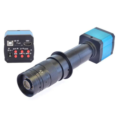 Pro Grade 14MP HDMI Microscope Camera Kit With Remote USB Output TF Card Video Recording 180X C Mount Lens Big Stereo Stand 144 LED Illumination For Industry Lab PCB Inspection, black lens and blue camera body