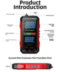 Front view of Workhorse Digital Multimeter with USB Rechargeable Auto Ranging and side profile showing ports, 22cm size