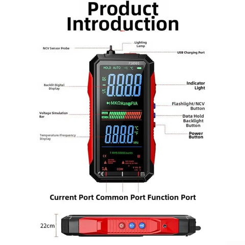 Front view of Workhorse Digital Multimeter with USB Rechargeable Auto Ranging and side profile showing ports, 22cm size