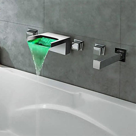 LED Waterfall Spout Faucet Set With Pull Out Sprayer, Wall Mounted Chrome Brass Bath Sink Shower, Color Changing By Temperature Type C